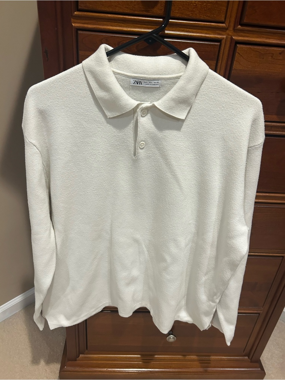 Zara Men’s Cream Long-Sleeve Polo Shirt, size Large